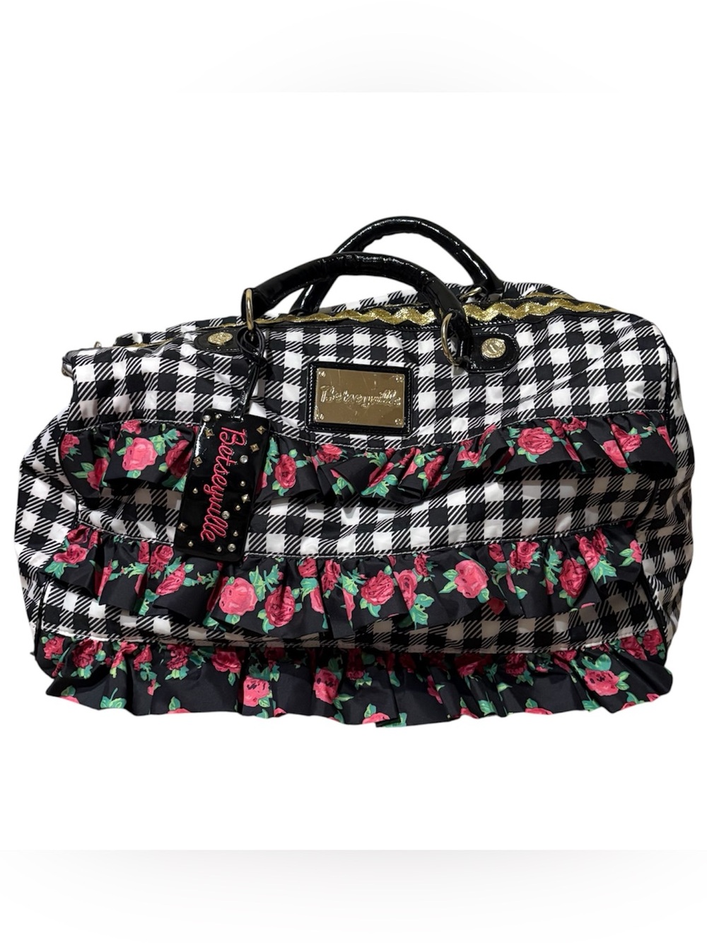Vintage Betsyville by Betsey Johnson Gingham Floral Ruffle Weekender Bag